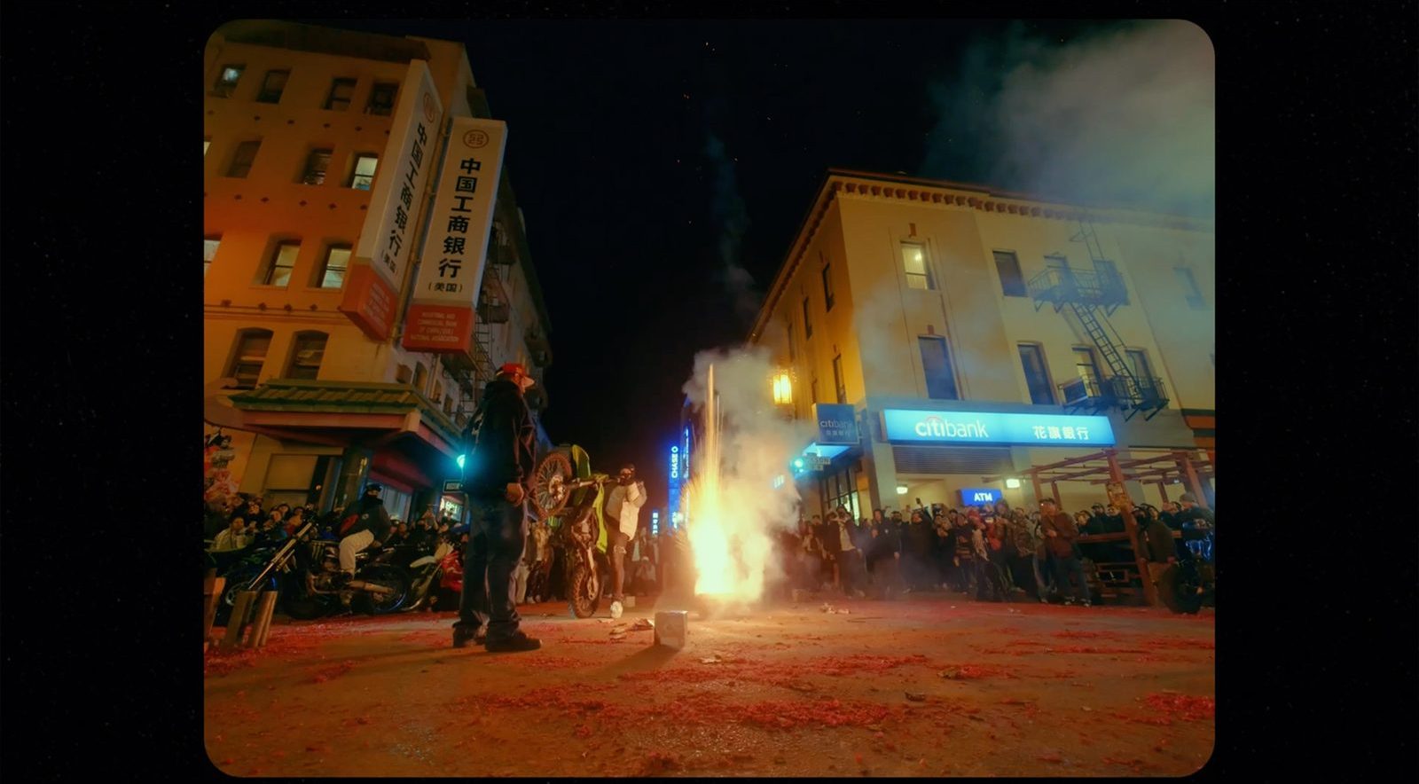 fireworks and a motorbike in Chinatown